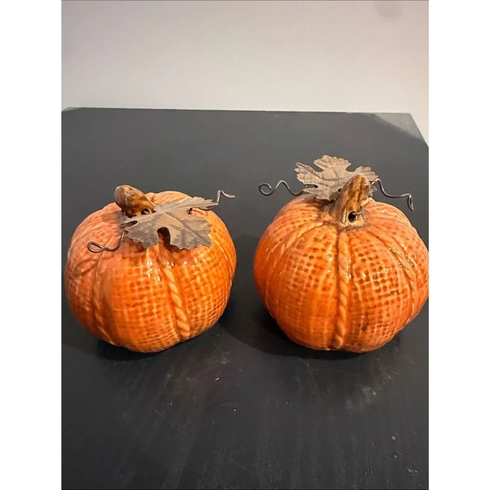 Ceramic Pumpkin Decor Set of 2 Orange Fall Harvest Thanksgiving Tabletop